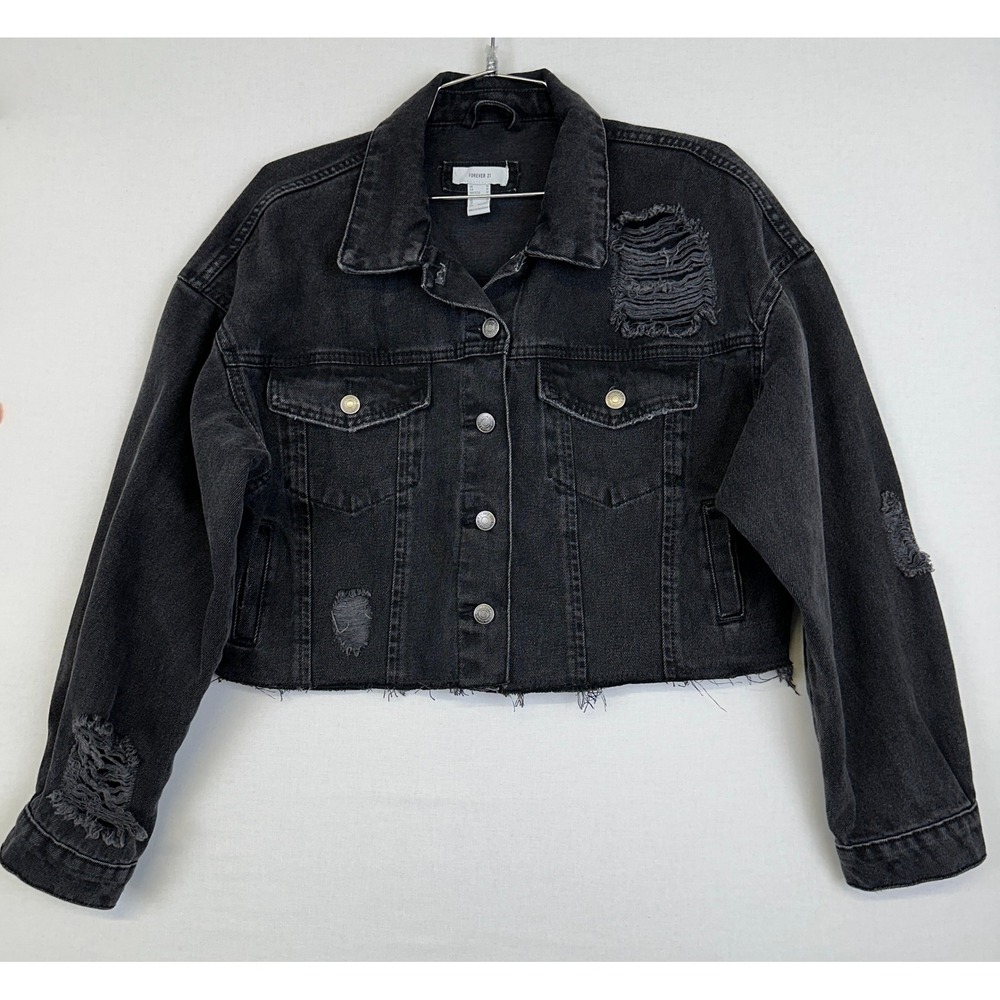 Forever 21 Cropped Distressed Denim Jacket Black Women's Medium